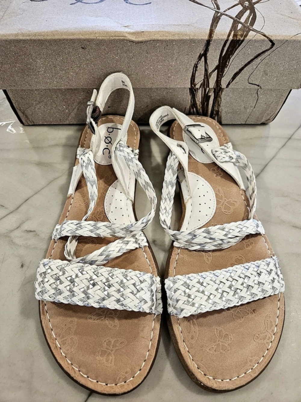 BOC Born Concept Dena Sandals White Metallic Silver Braided Straps Size 9